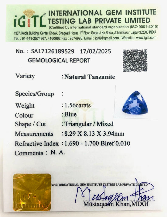 Natural Tanzanite 1.56 Ct Trillion Cut Loose Gemstone for Making Ring, 1 Piece