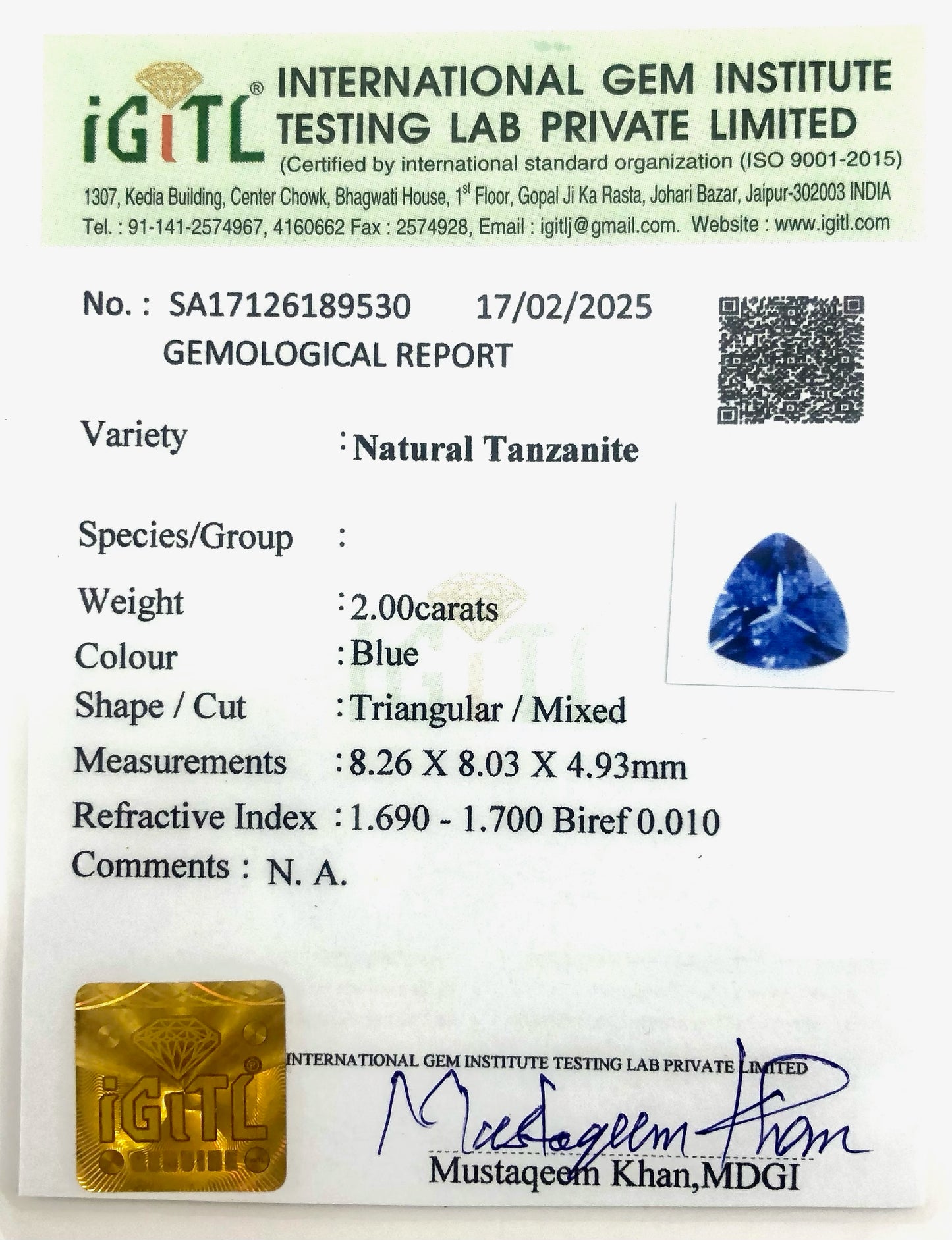 Trillion Cut Tanzanite 2 Ct Semi Precious Loose Stone For Sale, 1 Piece