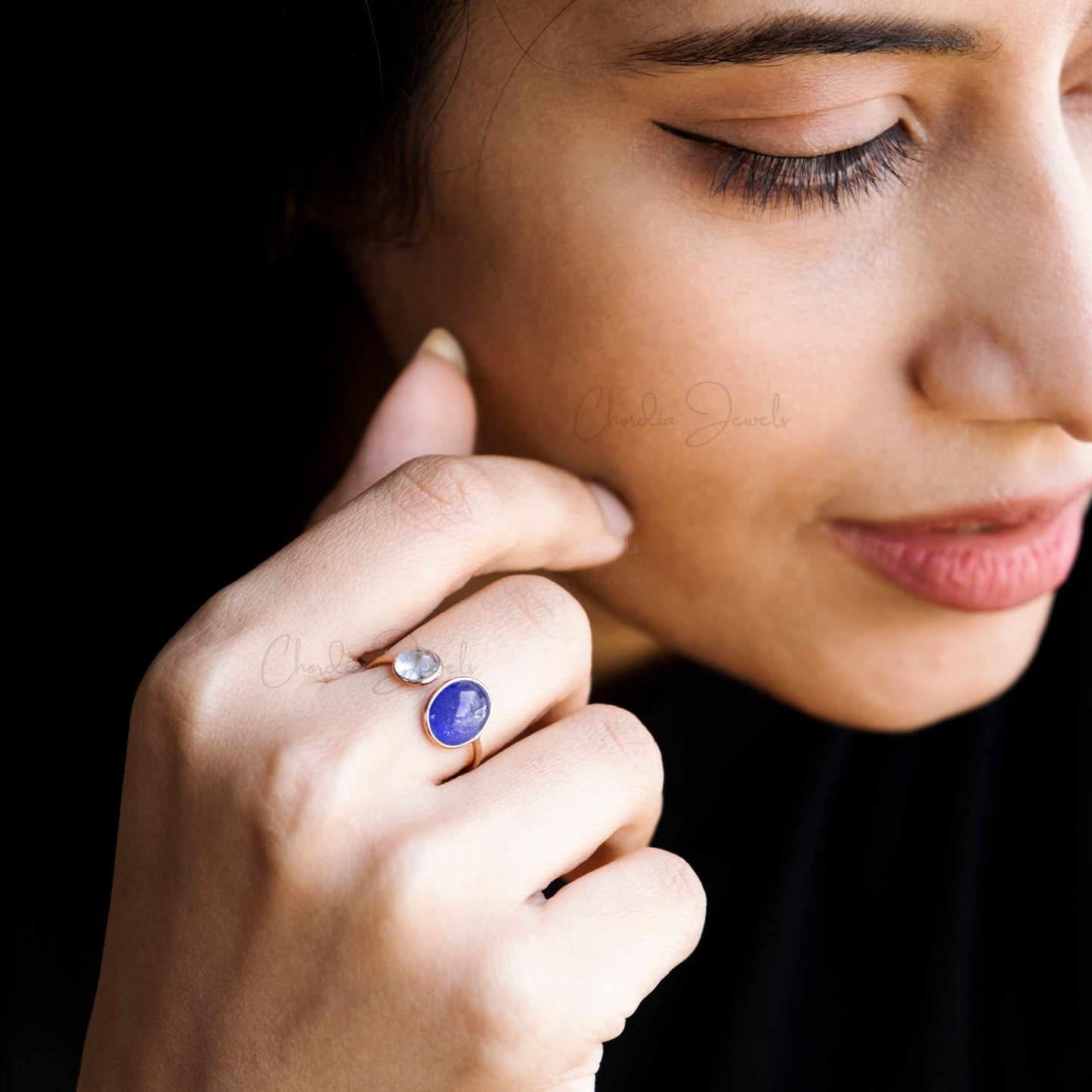 Open Cuff 2 Stone Tanzanite & 6mm Aquamarine Split Shank Ring in 14k Rose Gold