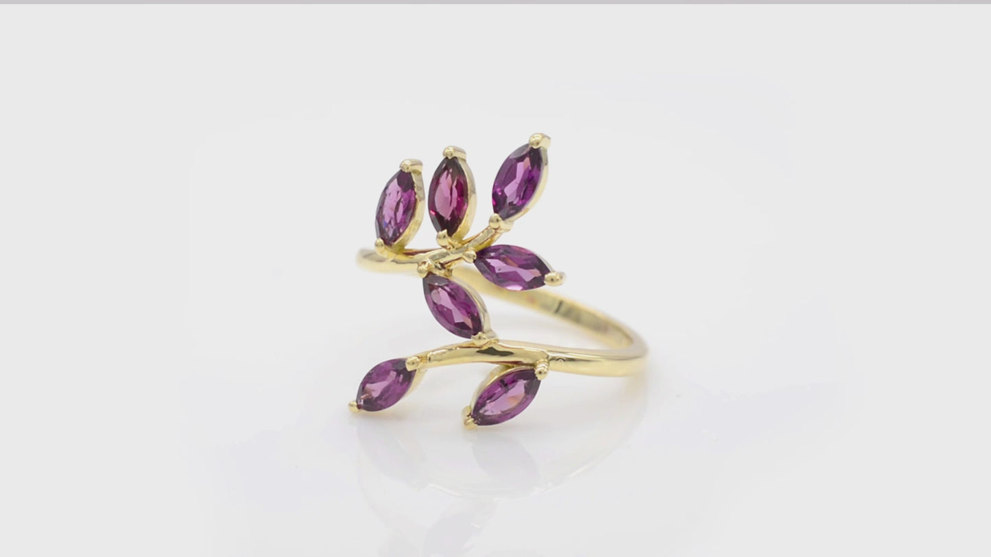 Load and play video in Gallery viewer, Gemstone Leaf Ring In 14k Yellow Gold Rhodolite Garnet 1.19 Ct Seven Stone Unique Rings
