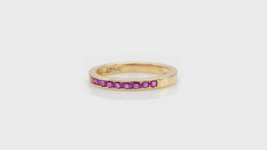 Load and play video in Gallery viewer, Dainty Half Eternity Band In Real 14k Yellow Gold Burma Ruby 0.27 Ct Gemstone Ring
