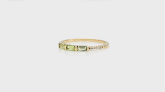 Load and play video in Gallery viewer, Dainty Stacking Band with 0.24 Ct Green Peridot And Diamond 14k Yellow Gold Ring
