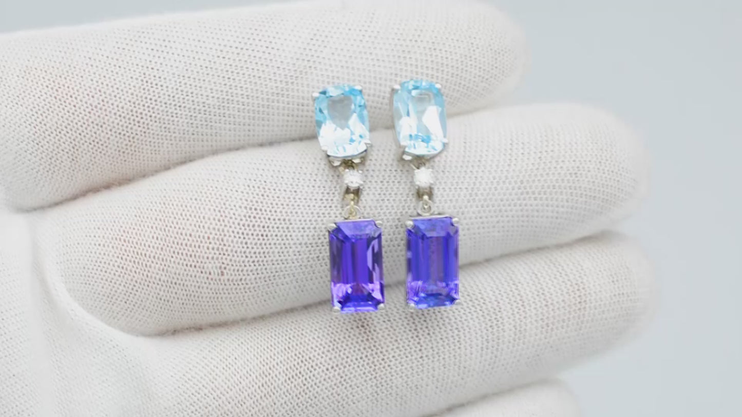 Load and play video in Gallery viewer, Triple Stone Dangle Earrings in 14k Solid Gold With Tanzanite Sky Blue Topaz And Diamond Earrings
