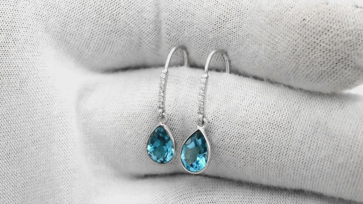 Load and play video in Gallery viewer, Natural Swiss Blue Topaz Diamond Earrings 14k White Gold Dangle Earrings For Her 8x6mm Pear Cut Gemstone Hallmarked Jewelry
