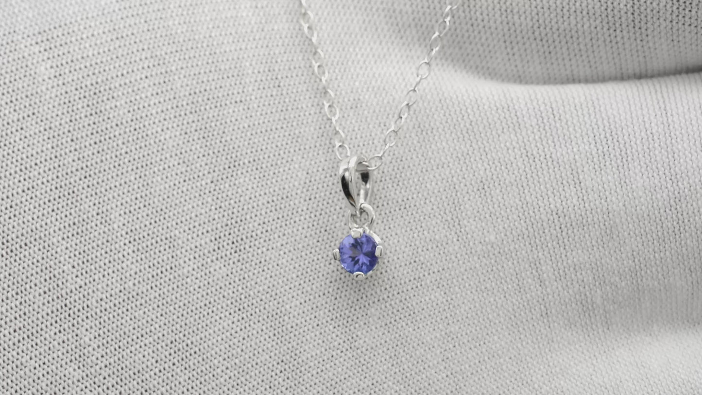 Load and play video in Gallery viewer, 4mm Natural Blue Tanzanite Solitaire Pendant, December Birthstone Gemstone Pendant 14k White Gold
