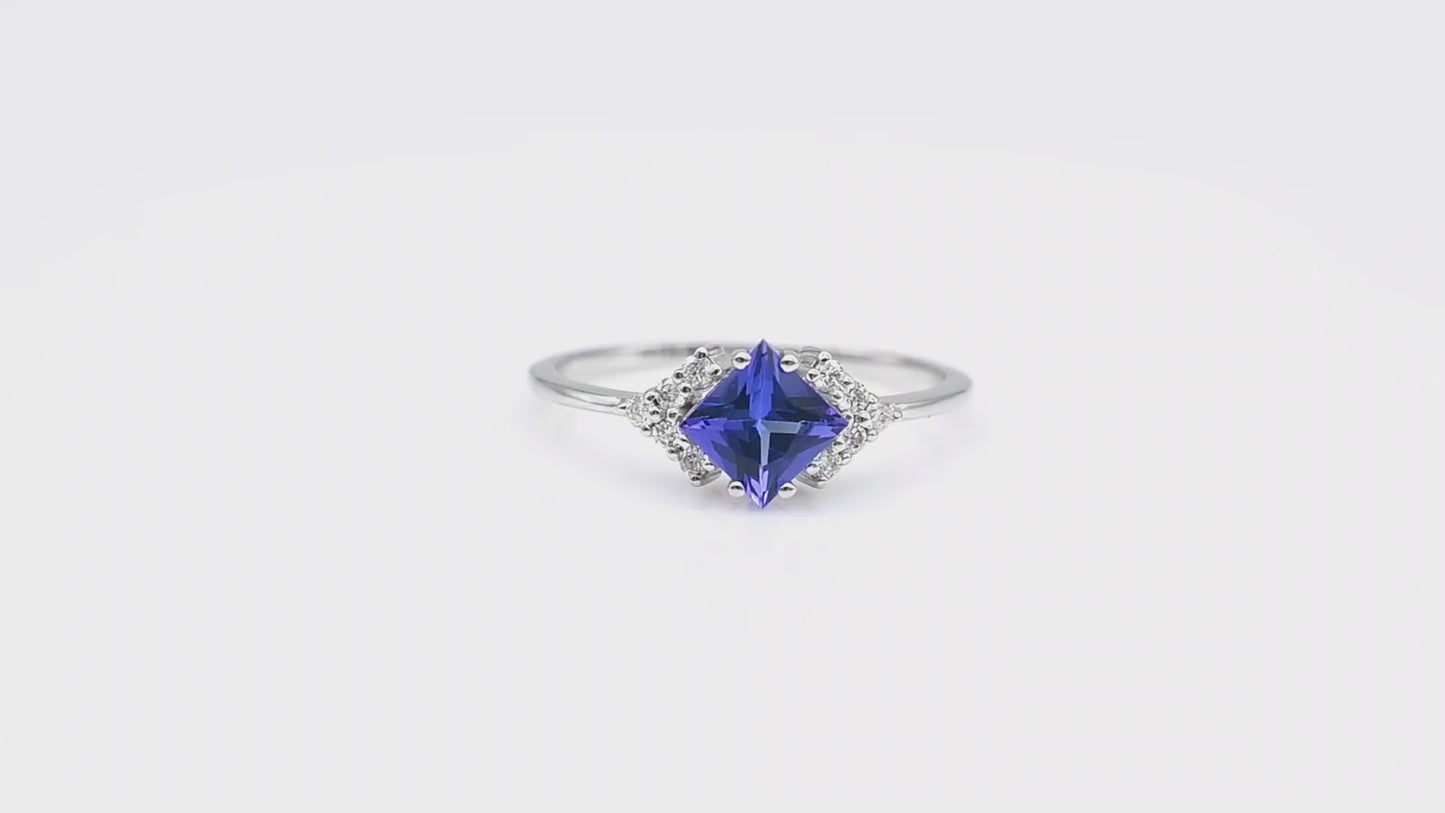 Load and play video in Gallery viewer, Half Halo Ring With Square Cut 0.6 CT Tanzanite And Pave Diamond 14k Real Gold Ring For GF
