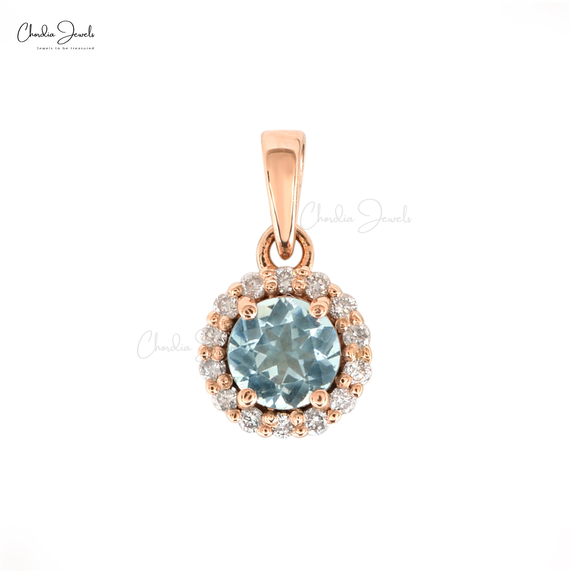 Natural Aquamarine Pendant, 14k Solid Rose Gold Diamond Halo