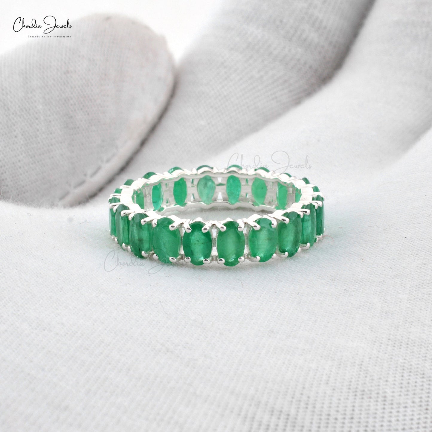 Eternity Gemstone Band in Real 14k White Gold With 4.20Ct Green Emerald Wedding Ring