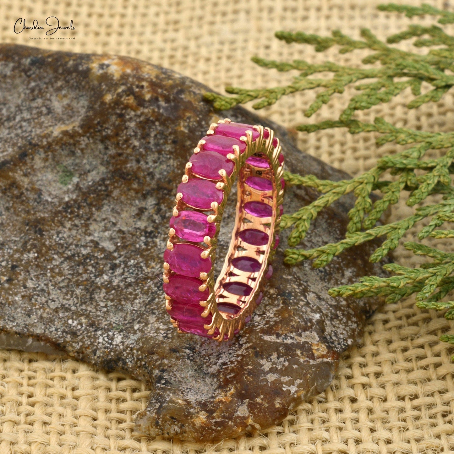 Natural Pink Tourmaline 5x3mm Oval Faceted Eternity Band in 14k Solid Gold