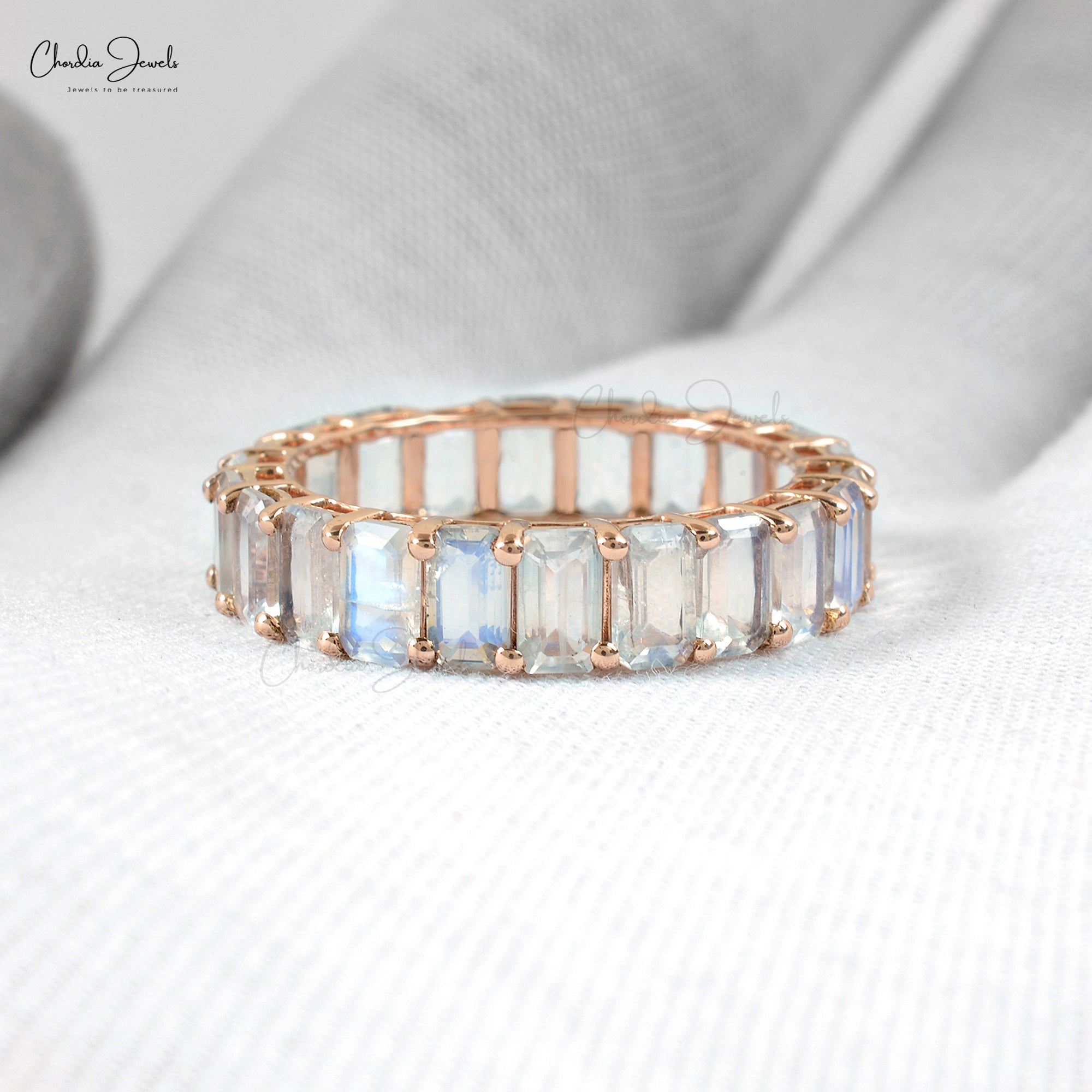 Genuine Rainbow Moonstone 5x3mm Octagon Cut Eternity Band 14k Solid Rose  Gold Minimalist June Birthstone Ring For Engagement