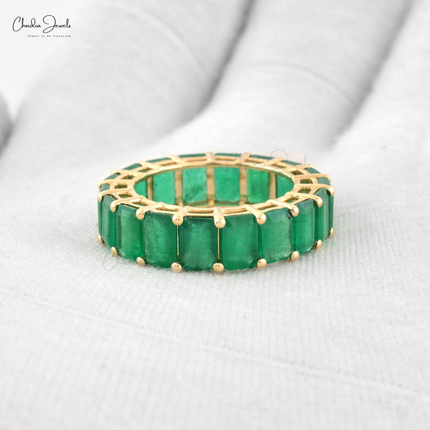 Natural Zambian Emerald Full Eternity Ring in14k Solid Yellow Gold