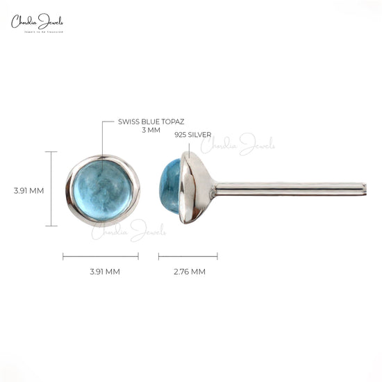 925 Sterling Silver Earring With Swiss Blue Topaz Studs Round Cabochon Gemstone At Reasonable Price