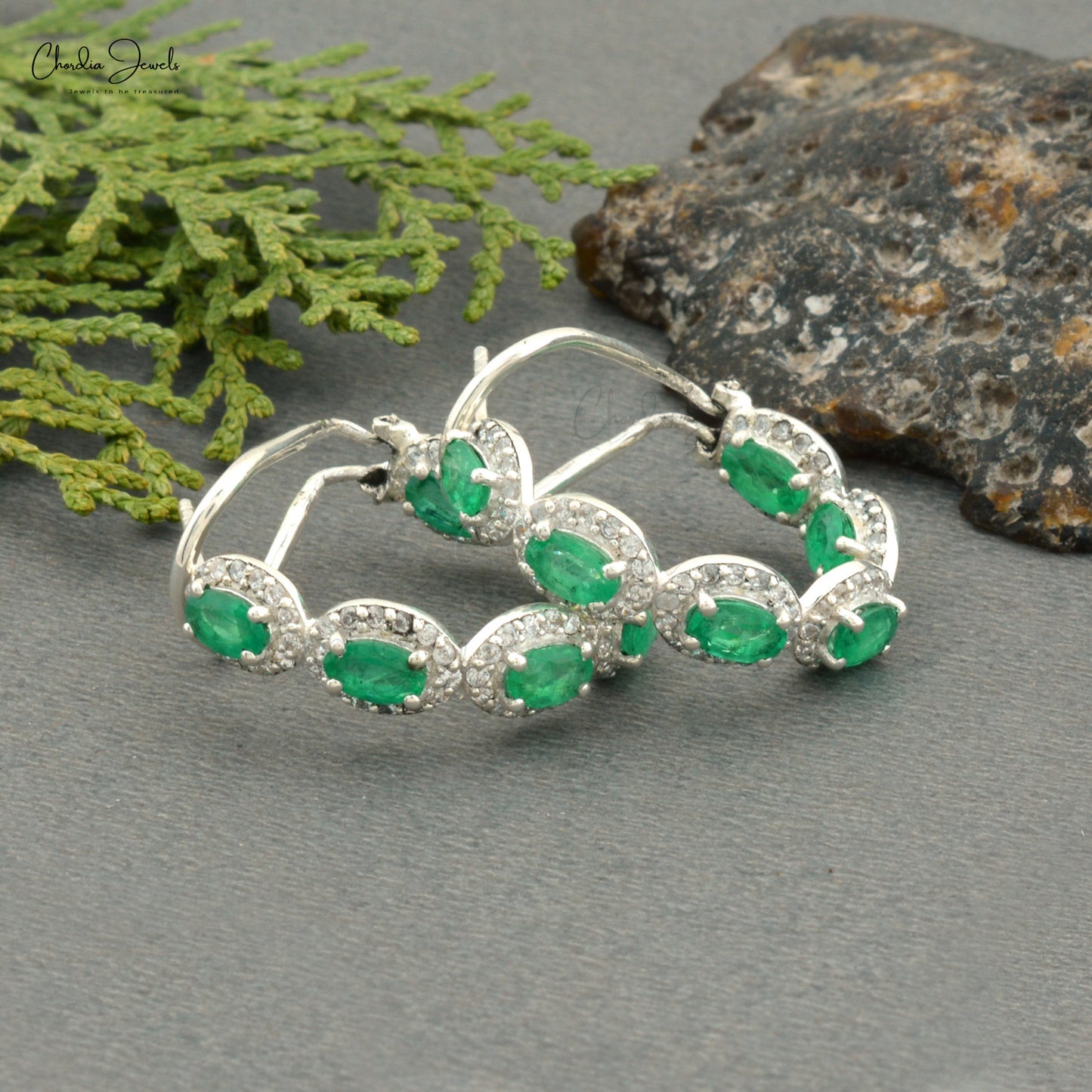 Top-Quality Emerald Halo Huggies Earrings in 925 Sterling Silver with Cubic Zircon At Discount Price