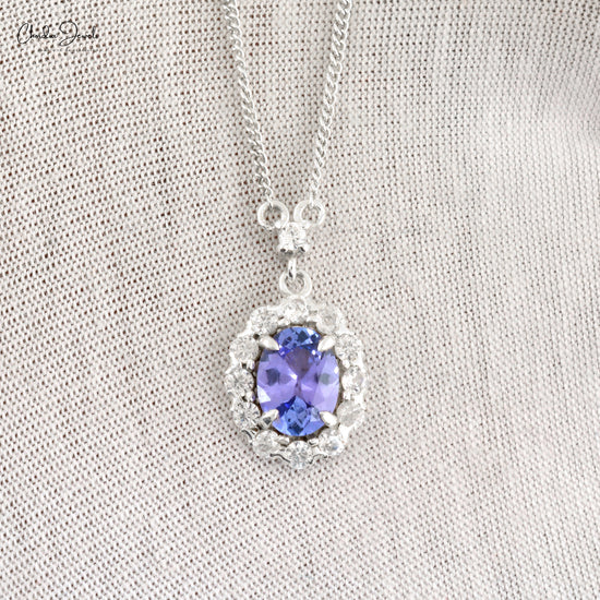 Oval Tanzanite Halo Pendant In 925 Sterling Silver Zircon Half Bezel Dangle Necklace