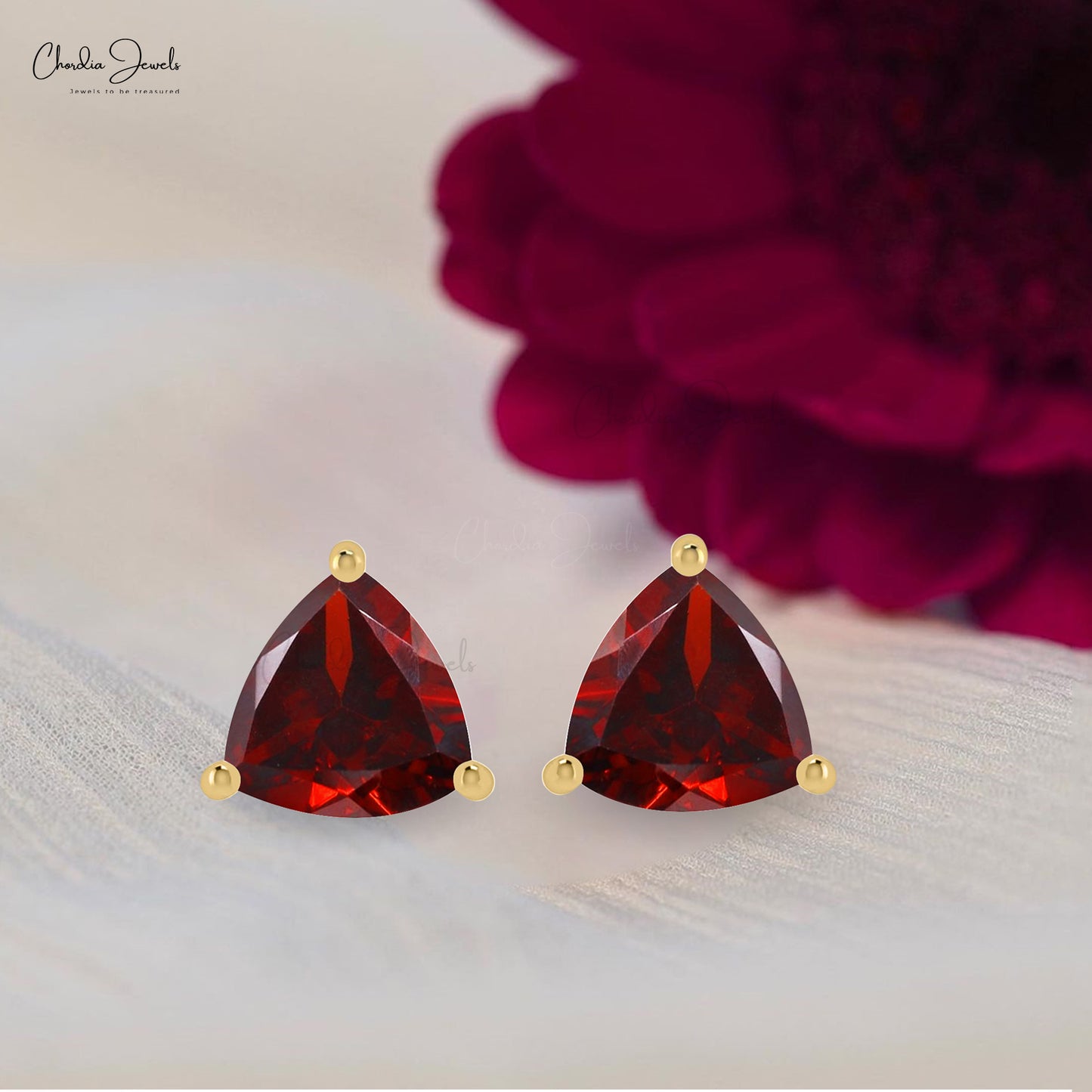 Natural Garnet 4mm Trillion Gemstone Stud Earrings 14k Solid Gold