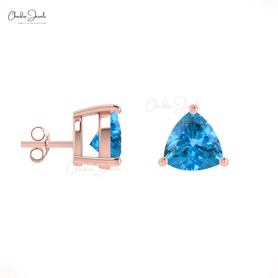 Genuine Swiss Blue Topaz Stud Earrings 14k Solid Gold 4mm Trillon Gemstone Earrings