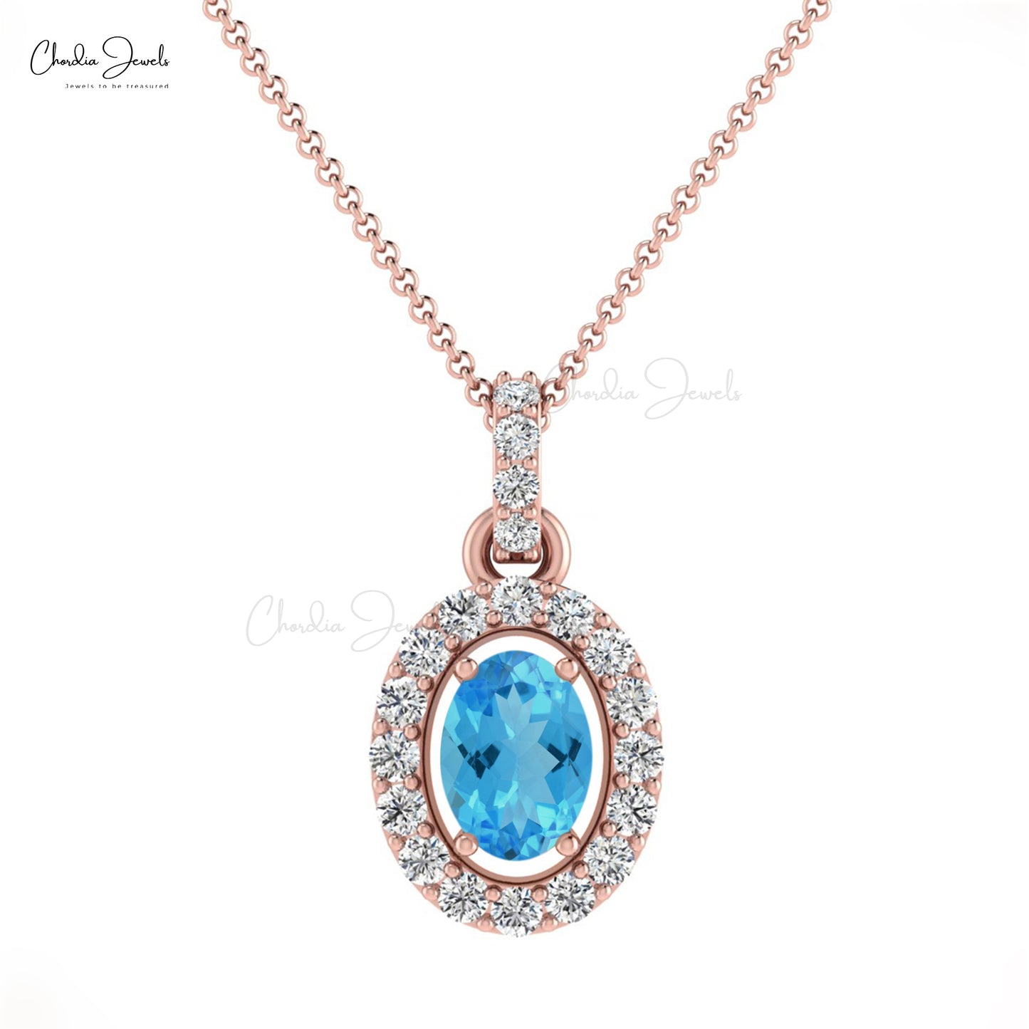 Oval Cut Halo Pendant in 14k Gold Swiss Blue Topaz 7x5mm Gemstone Diamond Necklace