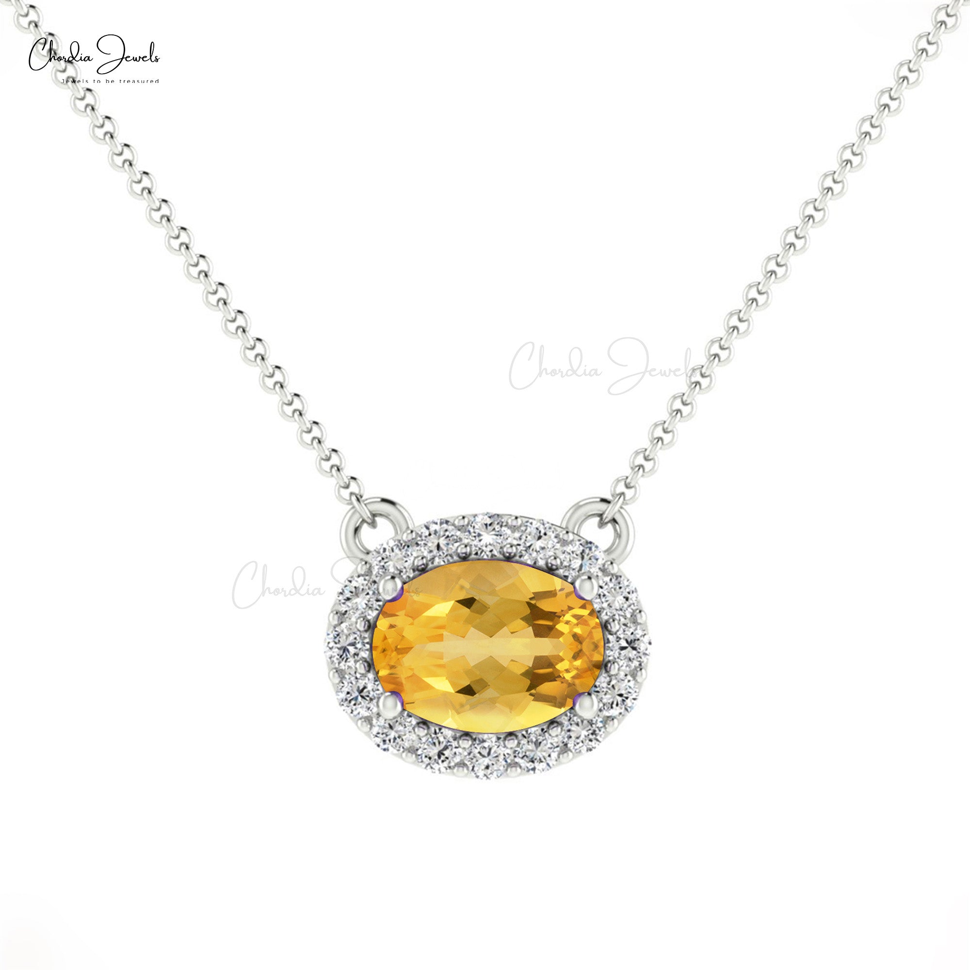 14k Solid Gold Halo Necklace, Natural Citrine and Diamond Necklace, 7x5mm  Oval Faceted Gemstone Prong Set Necklace, Pave Set Spring Ring Necklace  Gift