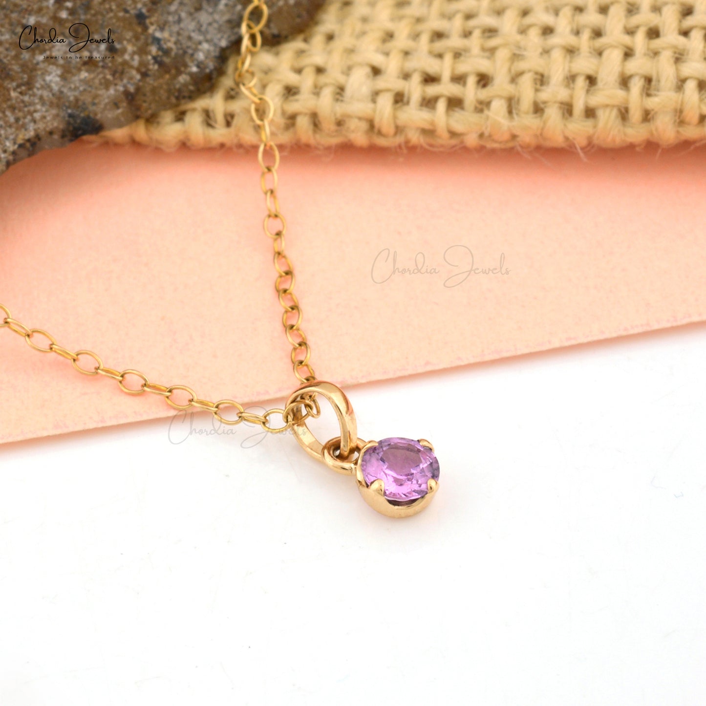 Pure 14k Gold Solitaire Minimal Pendant Necklace With Natural Pink Sapphire Gemstone Gift For Women's Day