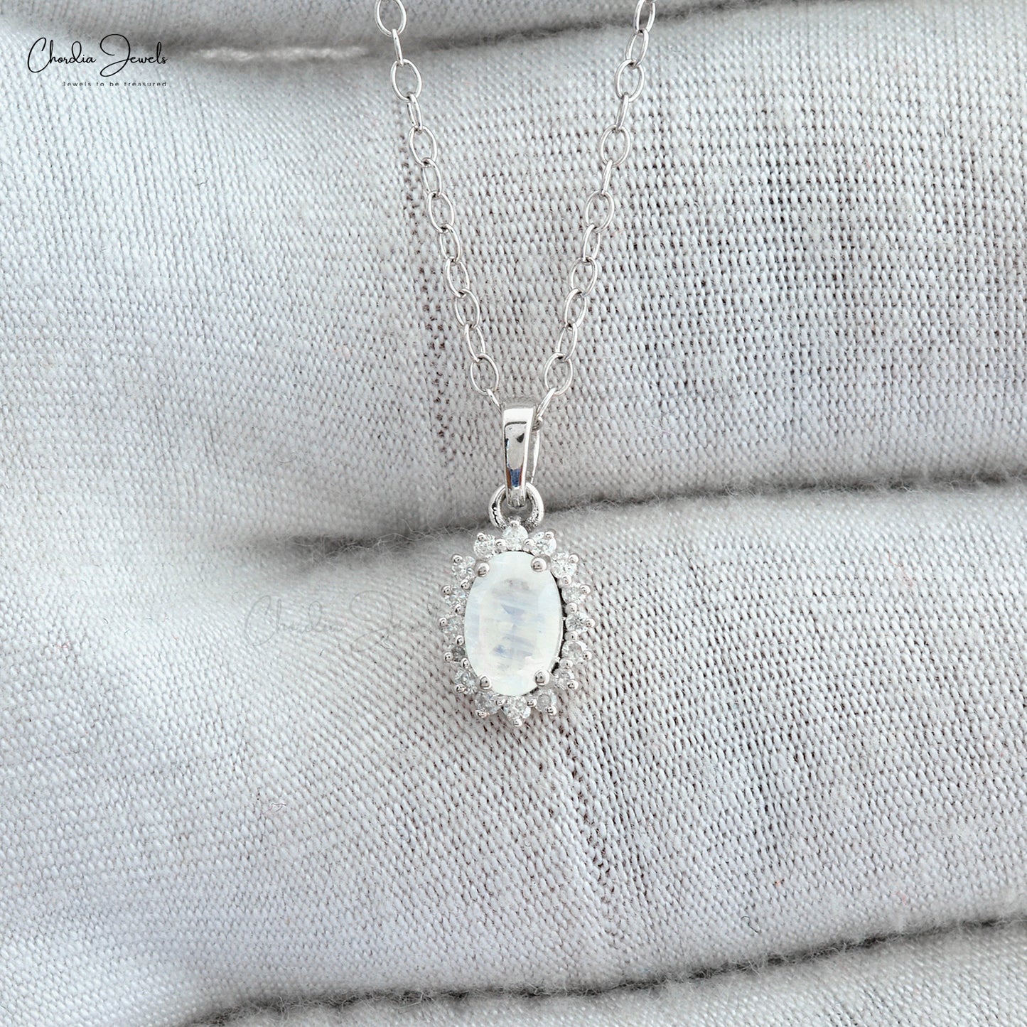 Halo Gemstone Charm In 14k White Gold Moonstone And Diamond Dangle Pendant