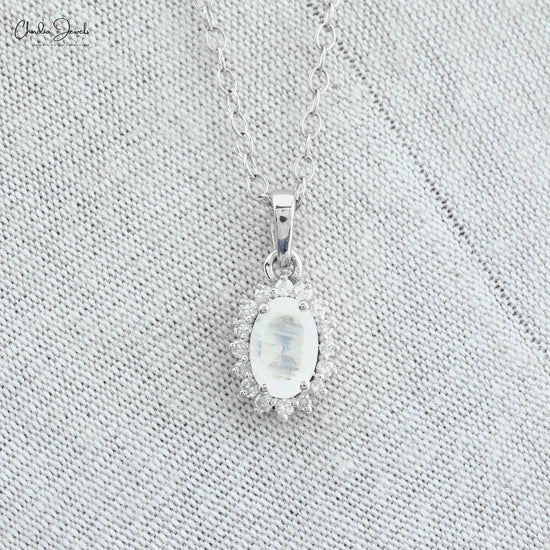 Halo Gemstone Charm In 14k White Gold Moonstone And Diamond Dangle Pendant