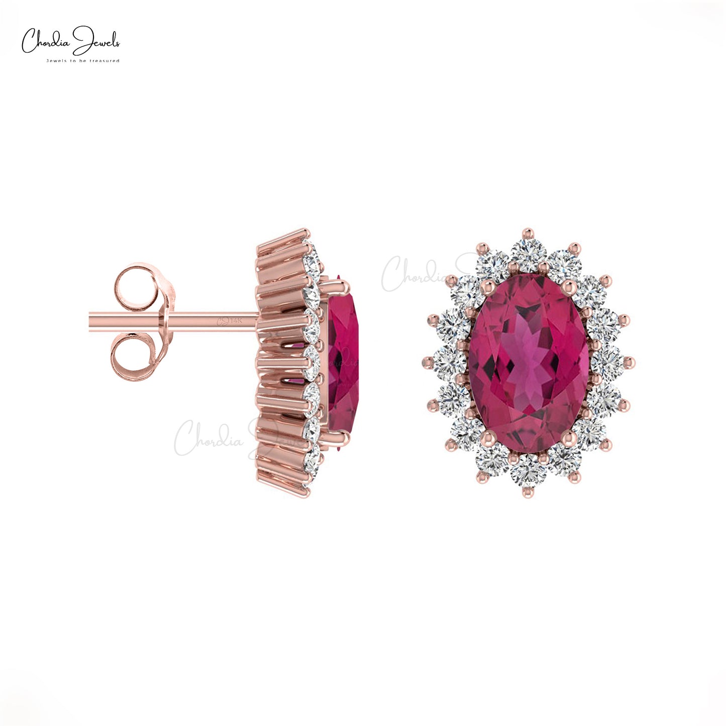 Halo Wedding Earrings in 14k Real Gold Pink Tourmaline And Diamond Unique Studs