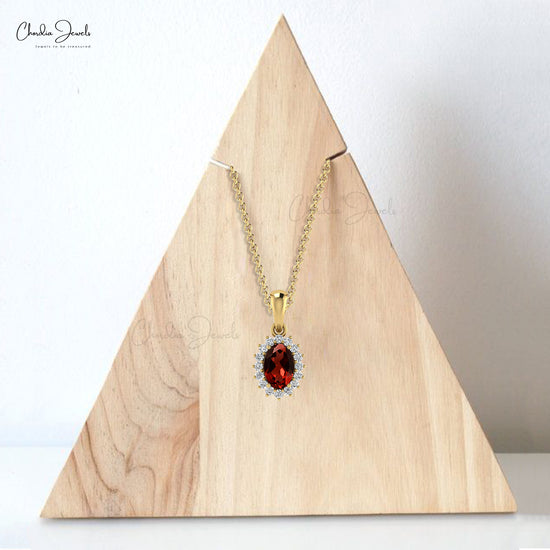 Solid 14k Gold Dangle Pendant in 6x4mm Oval Mozambique Garnet And Diamond Halo Pendant