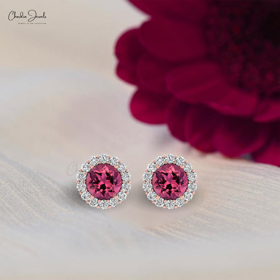 Dual Birthstone Studs in 14k Solid Gold Pink Tourmaline Pave Diamond Halo Earrings