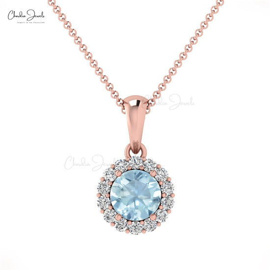 Real 14k Gold Halo Pendant with 4mm Aquamarine And Diamond Hallmark Necklace