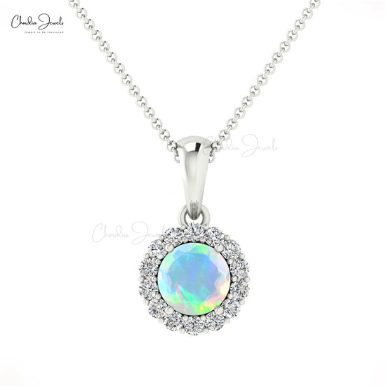 Halo Diamond Women Pendant With 0.16 Ct Natural Opal Gemstone 14k Real Gold Pendant