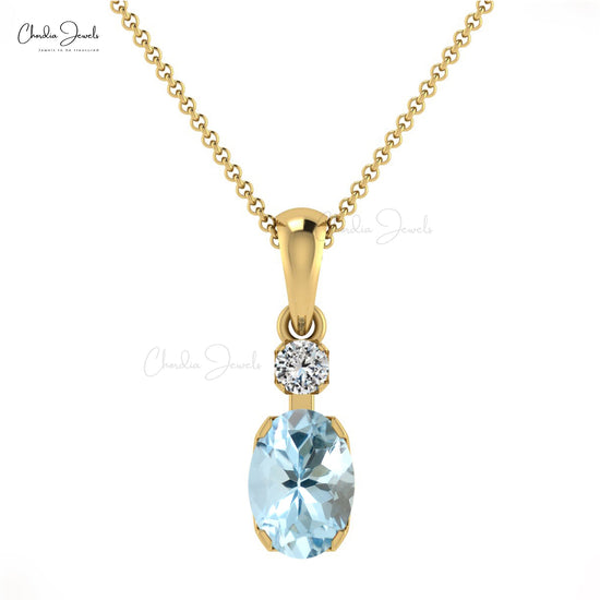 Two Gemstone Pendant With 14k Real Gold Aquamarine And Diamond Dangle Pendant