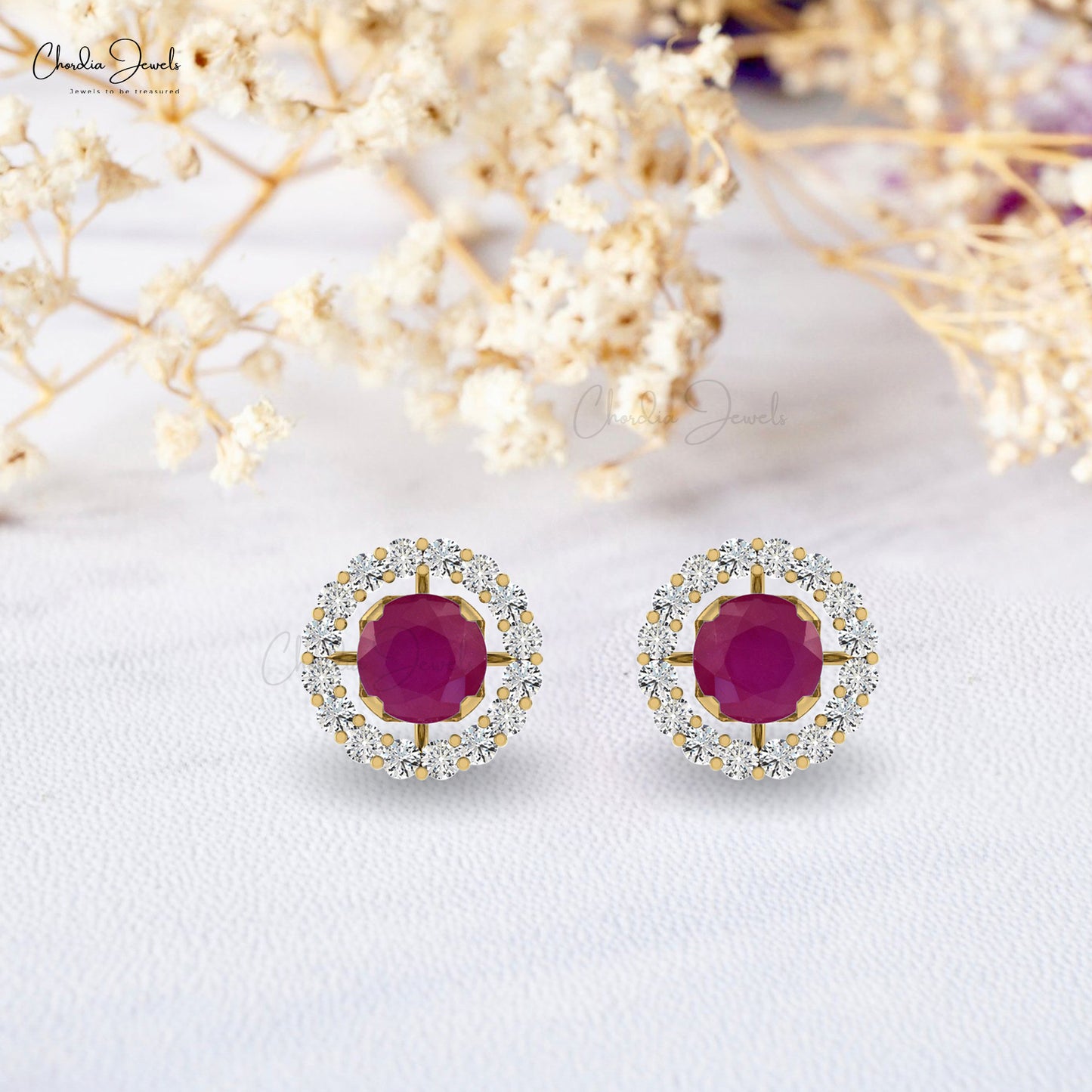 Detachable 5mm Round Red Ruby And Diamond Halo Stud Earrings In 14k Real Gold