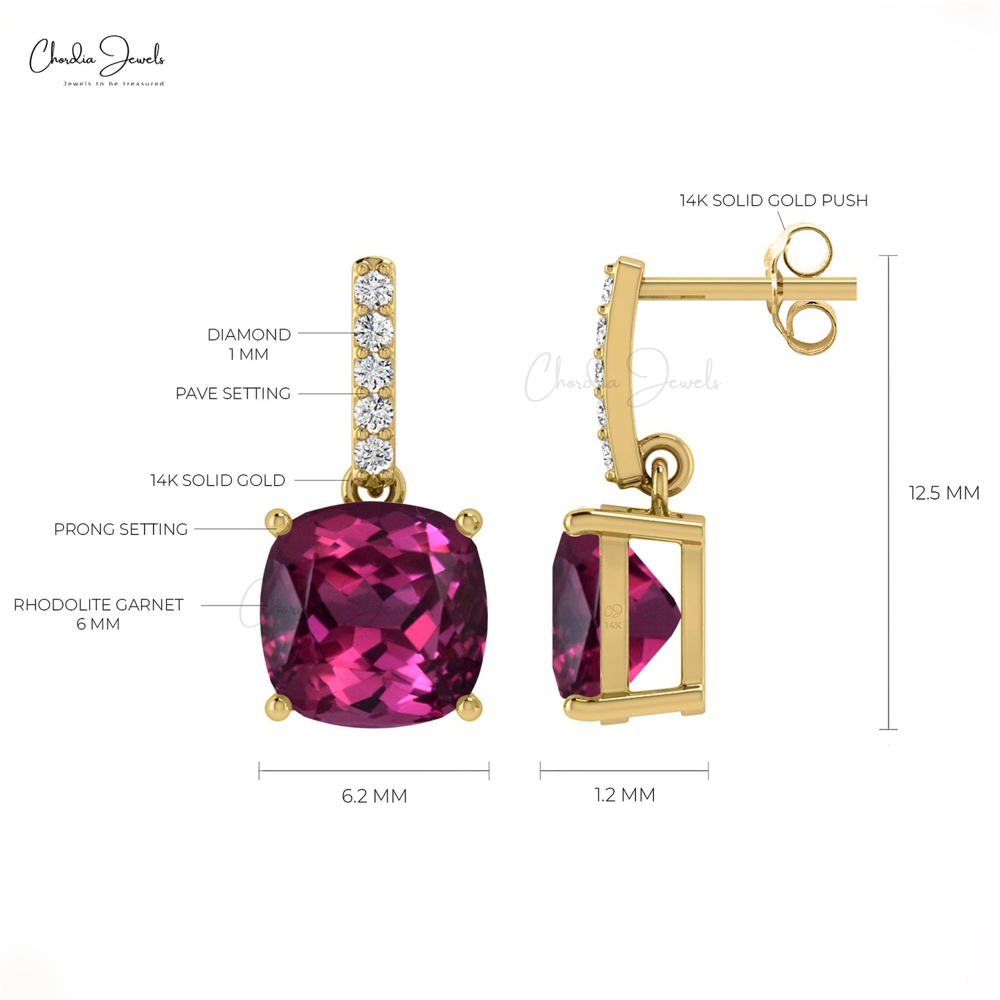 Rhodolite Garnet 14K Gold Dangler Earrings with G-H White Diamond