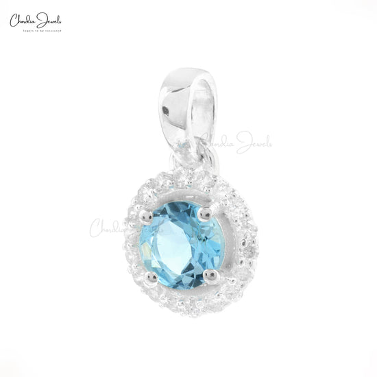 Solid 14k White Gold Halo Charm in 4mm Aquamarine And Diamond Pendant For Women