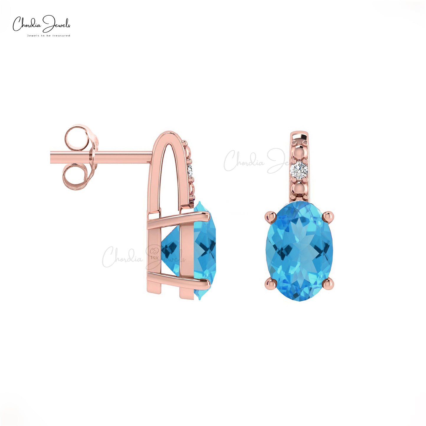 Oval Swiss Blue Topaz Gemstone Earrings in 14K Gold with Round Diamond