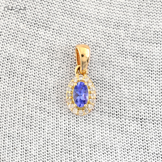 Solid 14k Yellow Gold Diamond Halo Wedding Pendant  Natural Tanzanite Pendant 0.24 Ct December Birthstone Fine Jewelry For Her