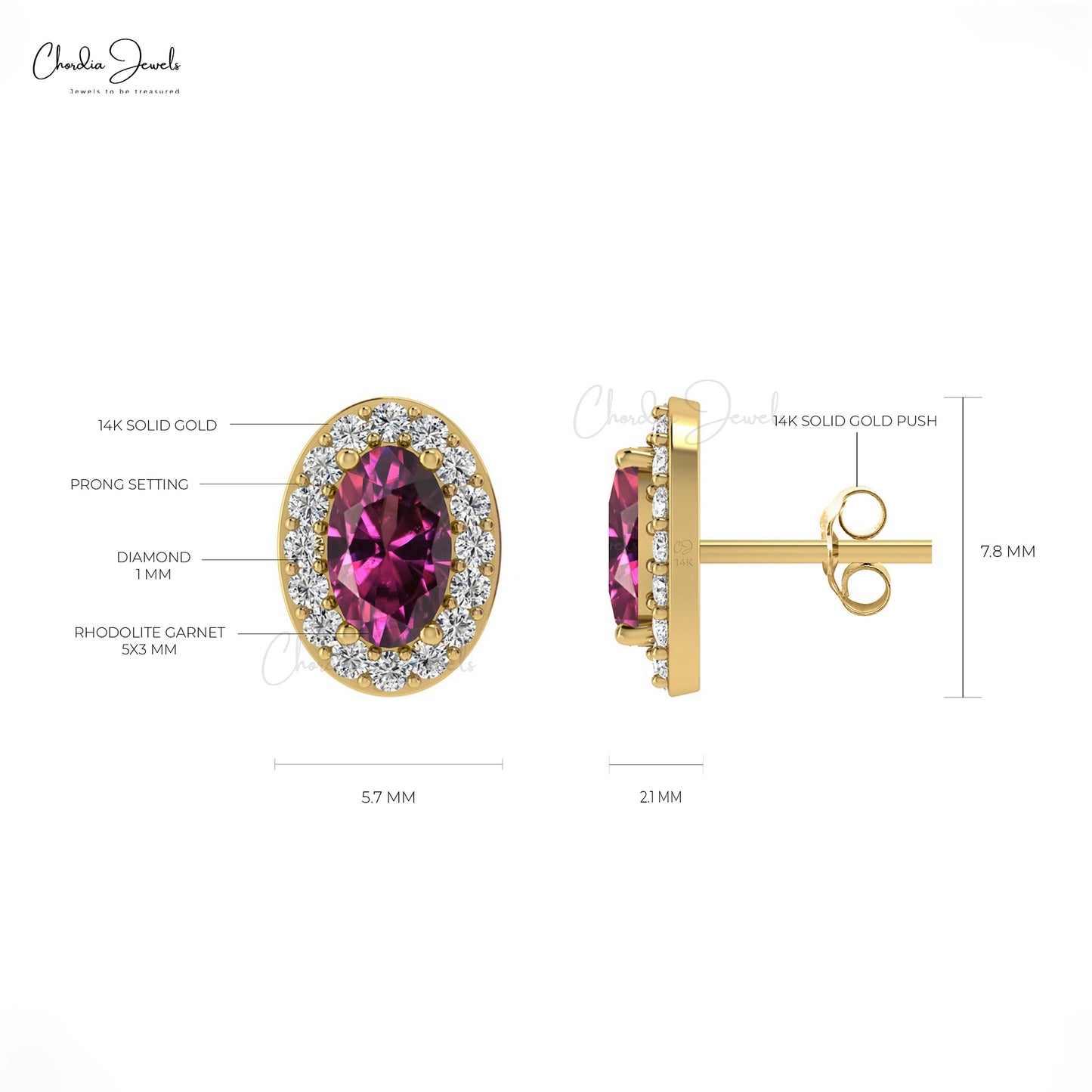 Diamond Halo Earrings with Oval Rhodilite Garnet in 14K Gold