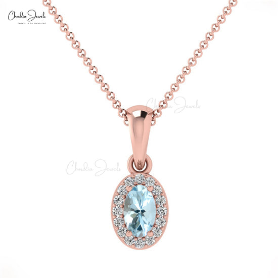 Genuine 14K Gold Oval Aquamarine & Diamond Halo Pendant