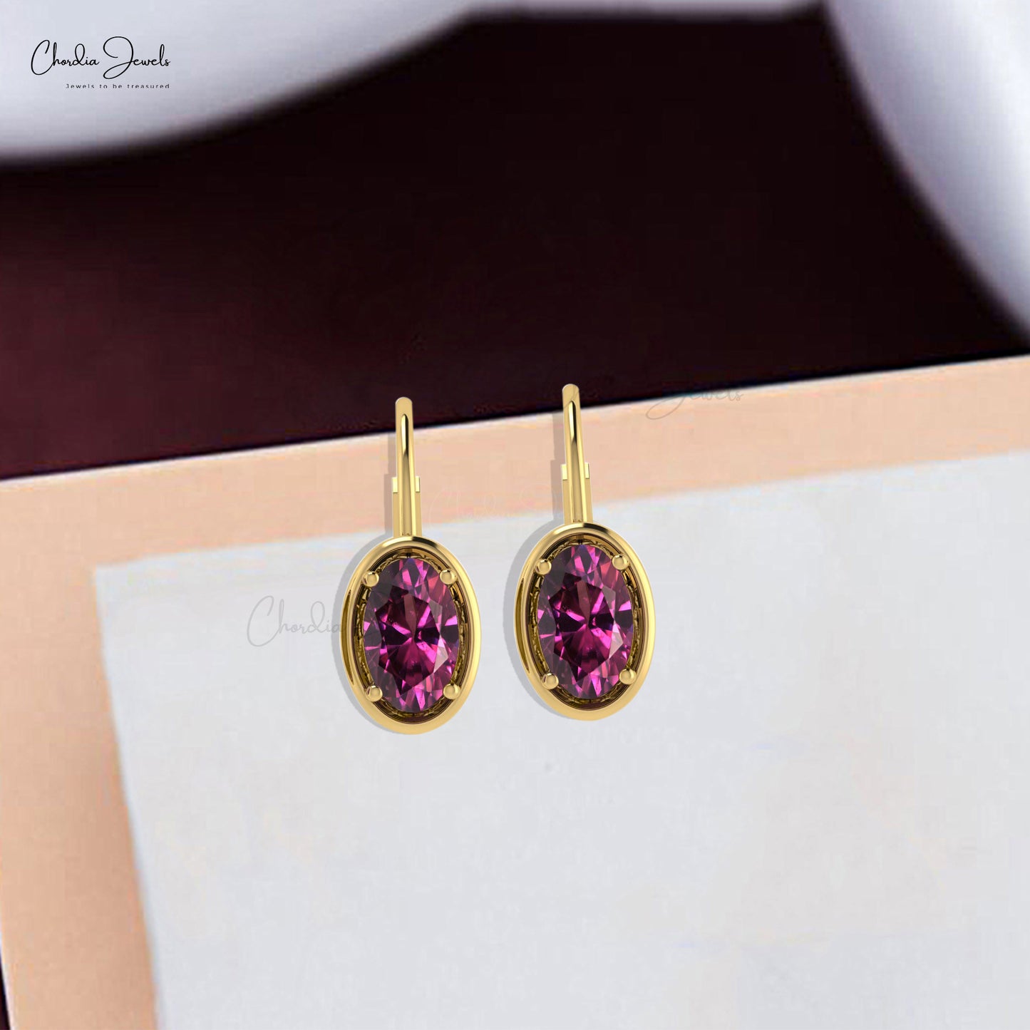 7x5mm Natural Rhodolite Garnet Lever Back Hook Earring With 14K Solid Gold