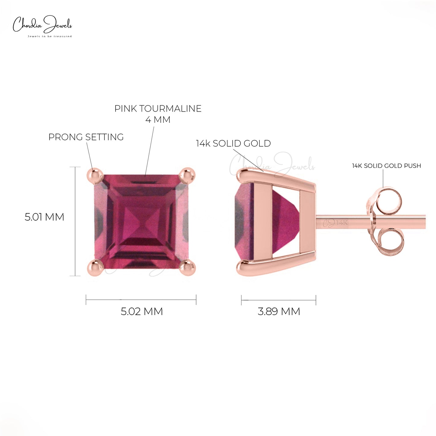 4mm Square Cut Tourmaline Earrings