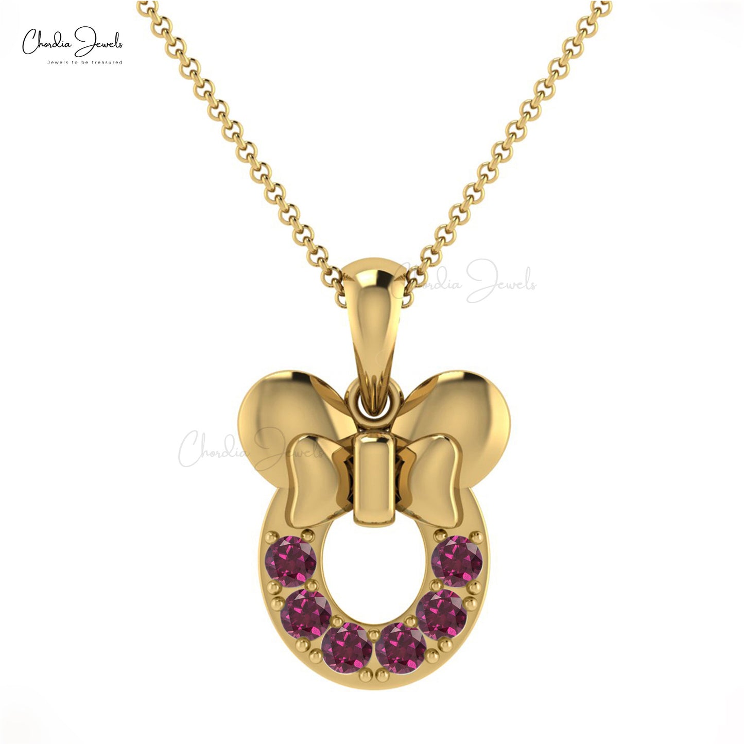 Round 2mm Brilliant Shape 0.3 Ct Genuine Rhodolite Garnet Mickey Mouse Pendant 14k Solid Gold January Birthstone Kids Pendant Minimalist Jewelry