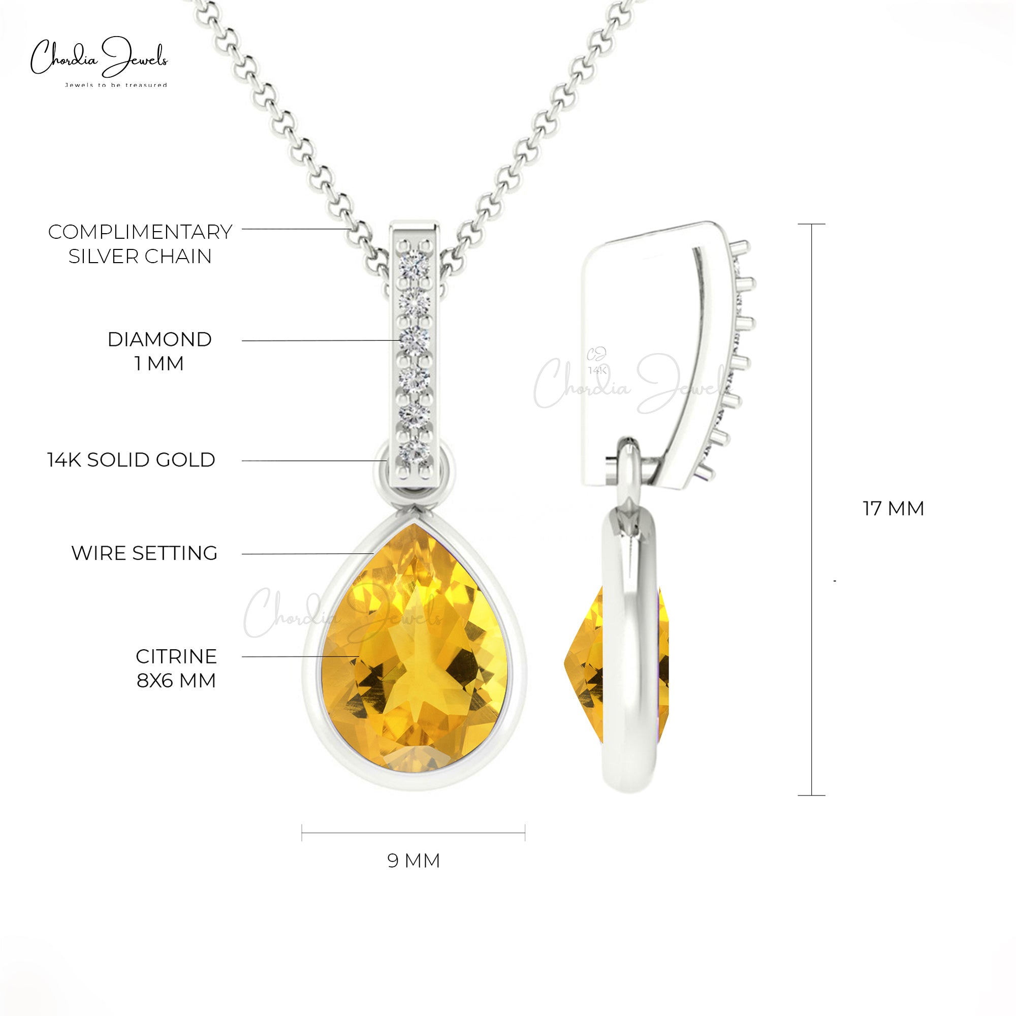 Exquisite Natural White Diamond Drop Pendant Necklace 8x6mm Pear Shape Yellow Citrine Gemstone Pendant in 14k Solid Gold Bridesmaid Gift