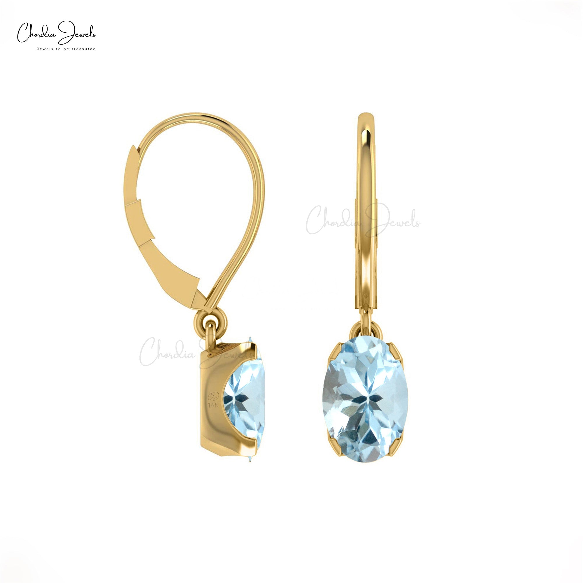 Aquamarine and Smokey Quartz Faceted Lever Back Earring / Dangle Drop  Teardrop Solid 14k Yellow Gold. 