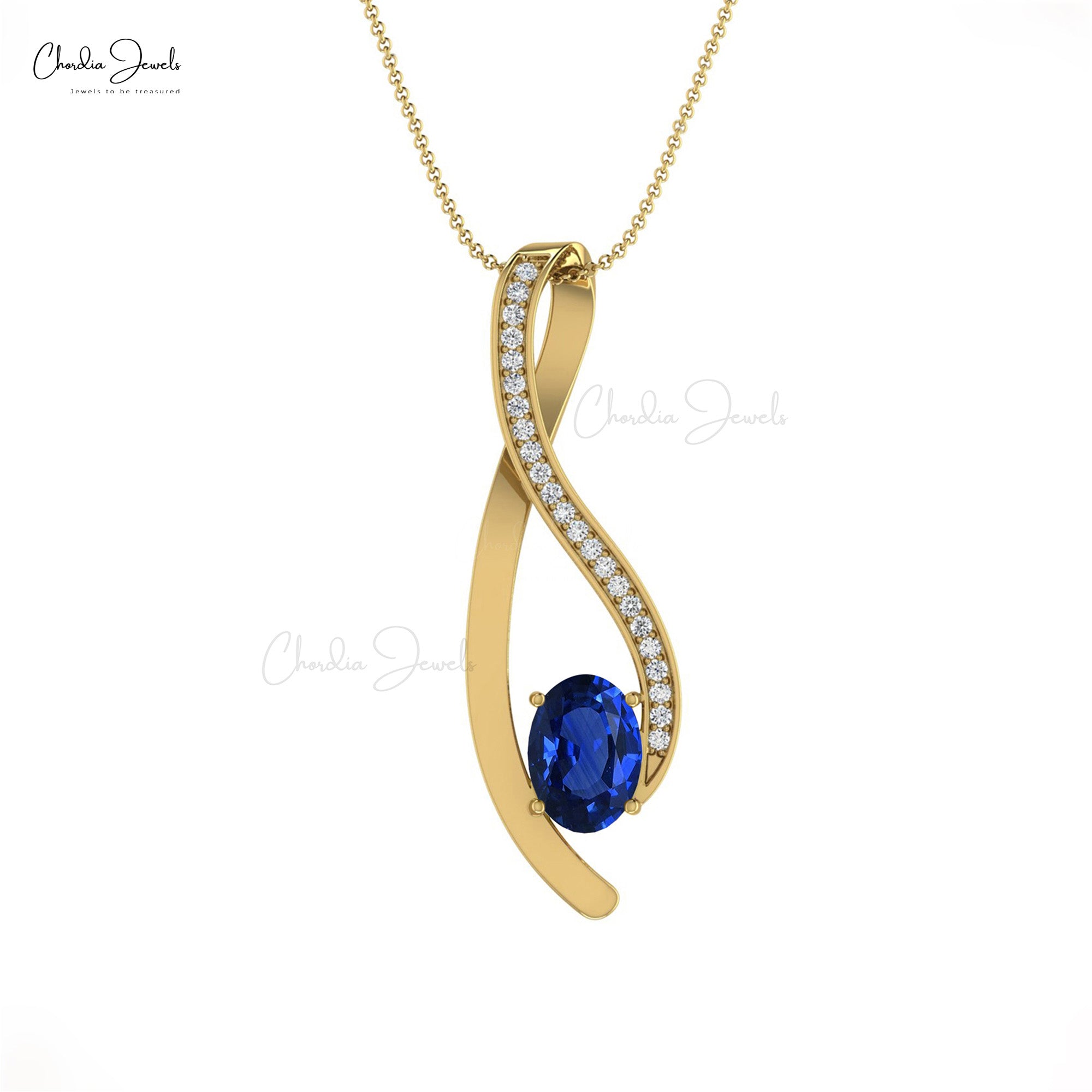 Real 14k Gold Pave Set White Diamond Overlay Curve Pendant Necklace 6x4  Oval Cut Genuine Blue Sapphire Gemstone Light Weight Jewelry For Wedding  Gift