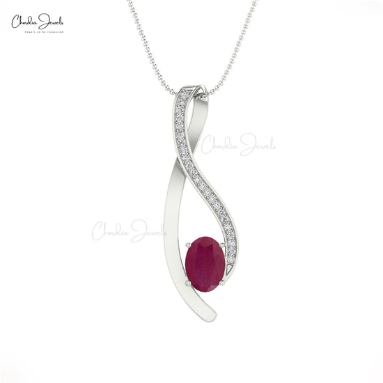 Real 14k Gold April Birthstone Pave Set White Diamond Overlay Pendant 6x4mm Oval Cut 0.58 Ct Natural Red Ruby Gemstone Pendant Necklace Jewelry For Women