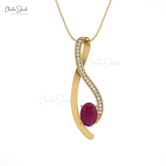 Oval Cut Curved Pendant in 14k Solid Gold Ruby 6x4mm Gemstone Diamond Pendants