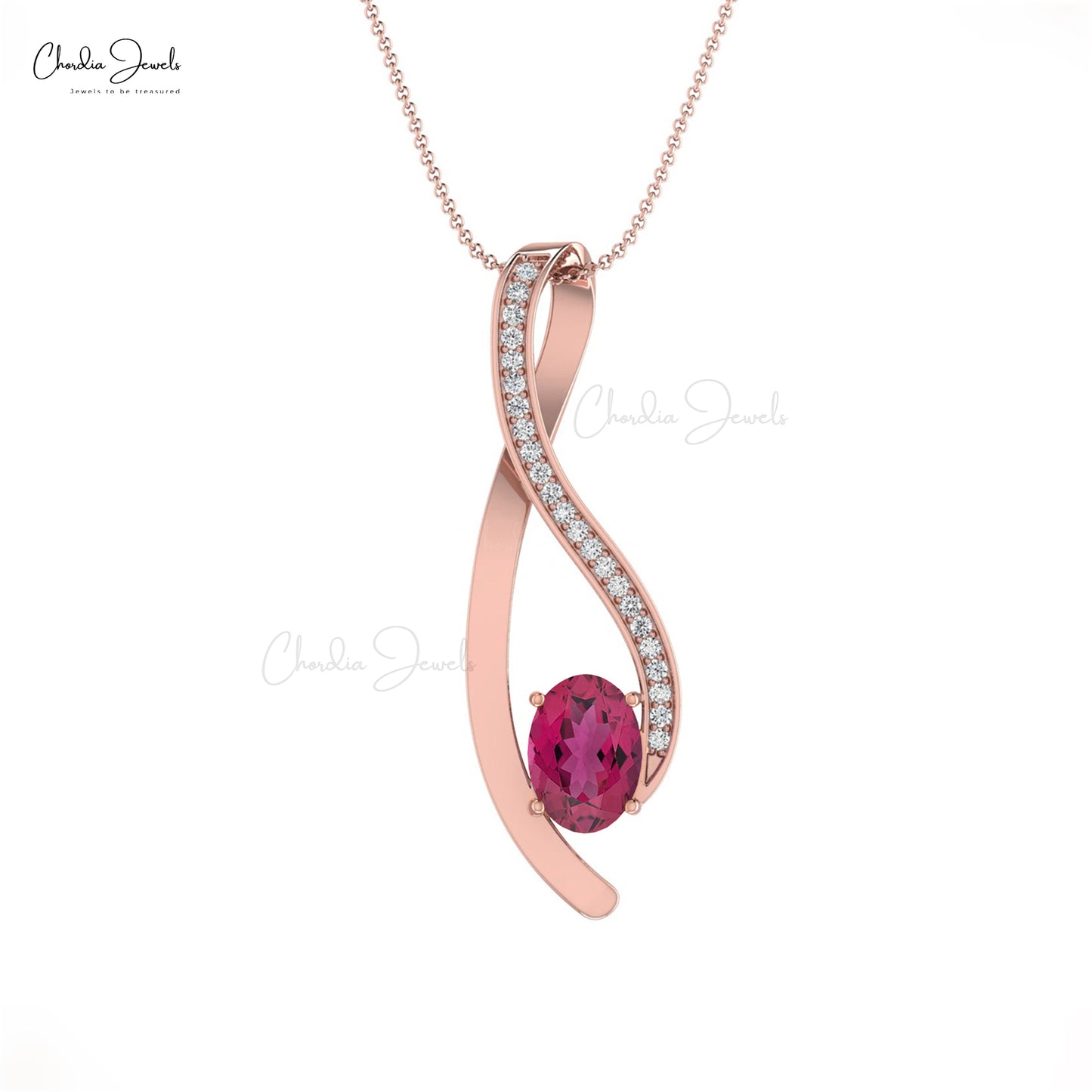 High Class 14K Gold Pink Tourmaline & White Diamond Curve Pendant