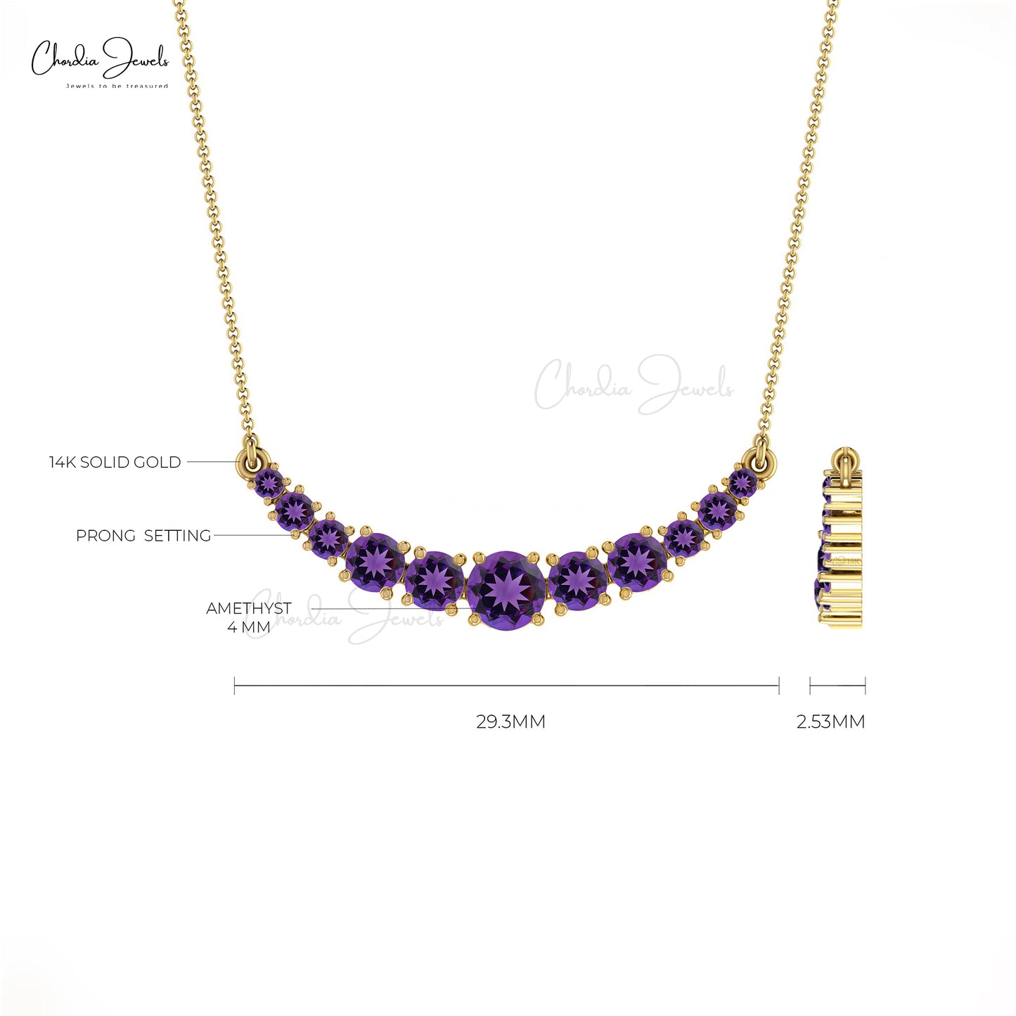 Genuine Amethyst 14k Solid Gold Statement Necklace For Her