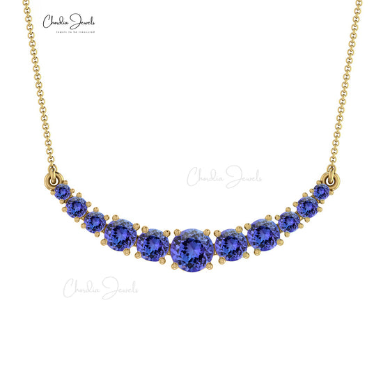 Prong Set 0.00Ct Blue Tanzanite Statement 14k Real Gold Necklace For Love