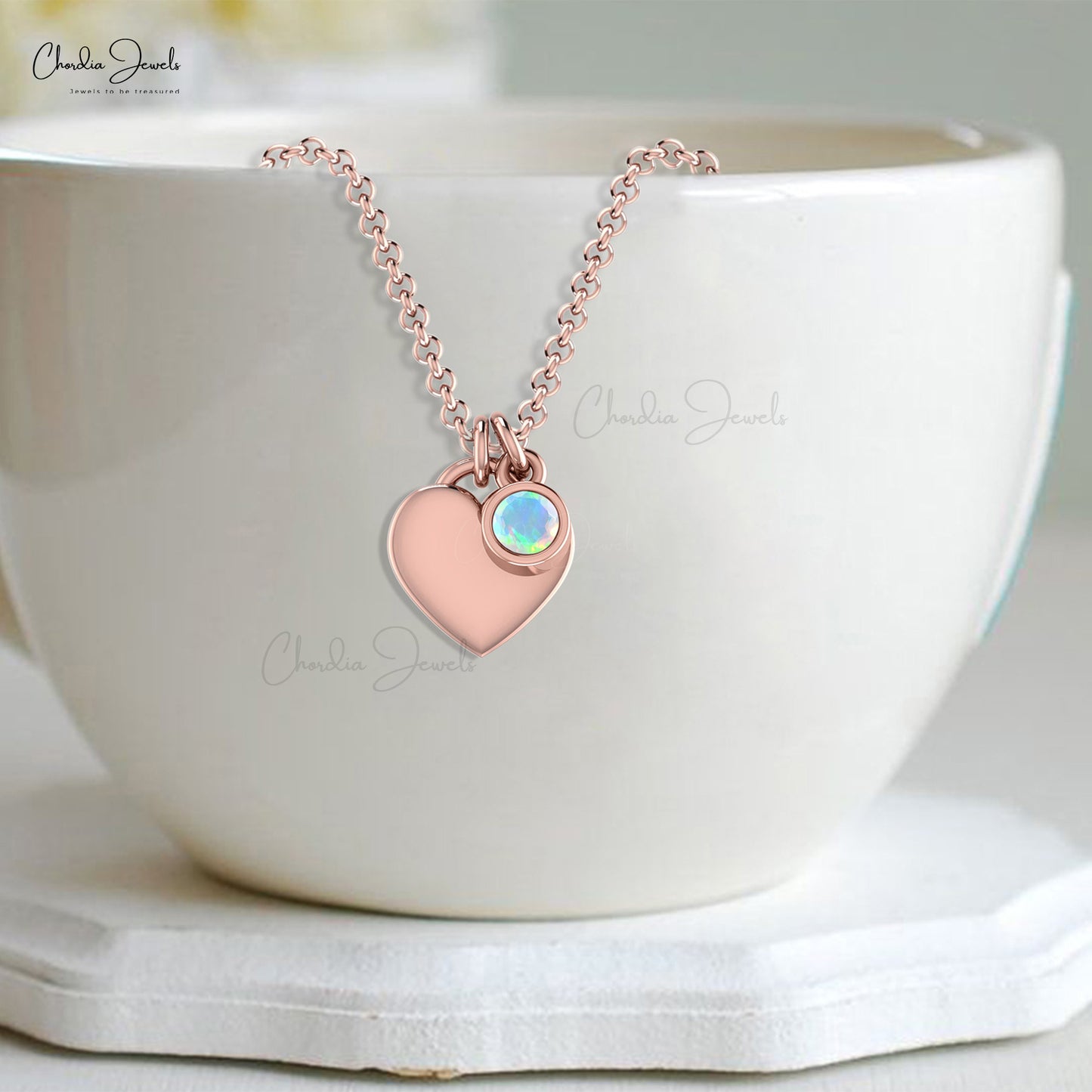 Solitaire Round Cut Natural Opal with Heart Shaped Necklace in Solid 14k Gold